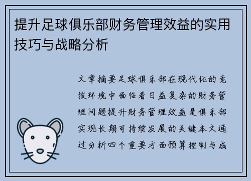 提升足球俱乐部财务管理效益的实用技巧与战略分析 提升足球俱乐部财务管理效益的实用技巧与战略分析