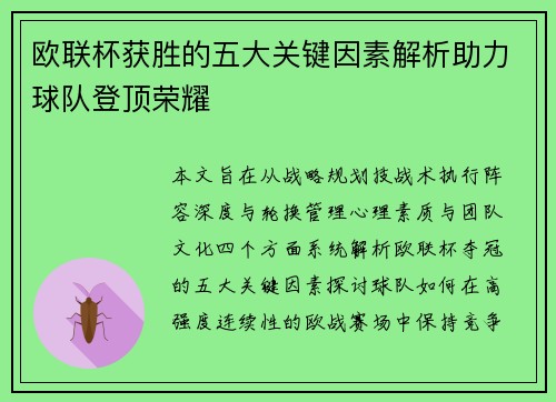 欧联杯获胜的五大关键因素解析助力球队登顶荣耀