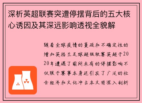 深析英超联赛突遭停摆背后的五大核心诱因及其深远影响透视全貌解 深析英超联赛突遭停摆背后的五大核心诱因及其深远影响透视全貌解